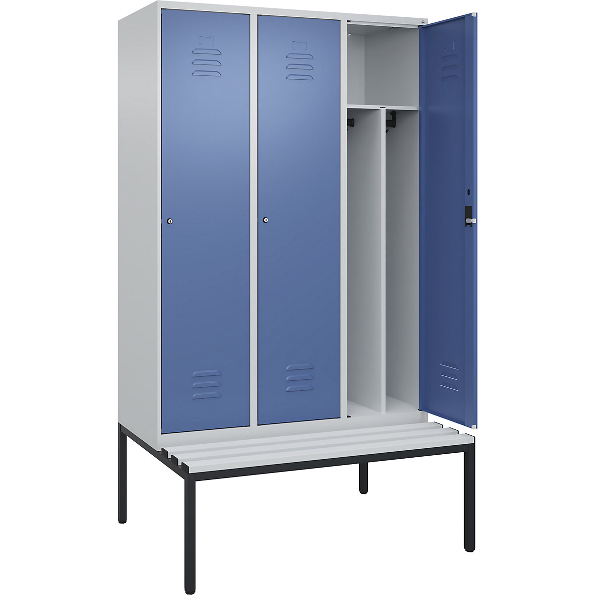 Cacifo com separação de roupa suja/limpa Classic PLUS com banco, estreito – C+P, 3 compartimentos, divisória encurtada, cinzento claro/azul distante, L 1200 mm, fechadura de cilindro, incorporado, plástico-0
