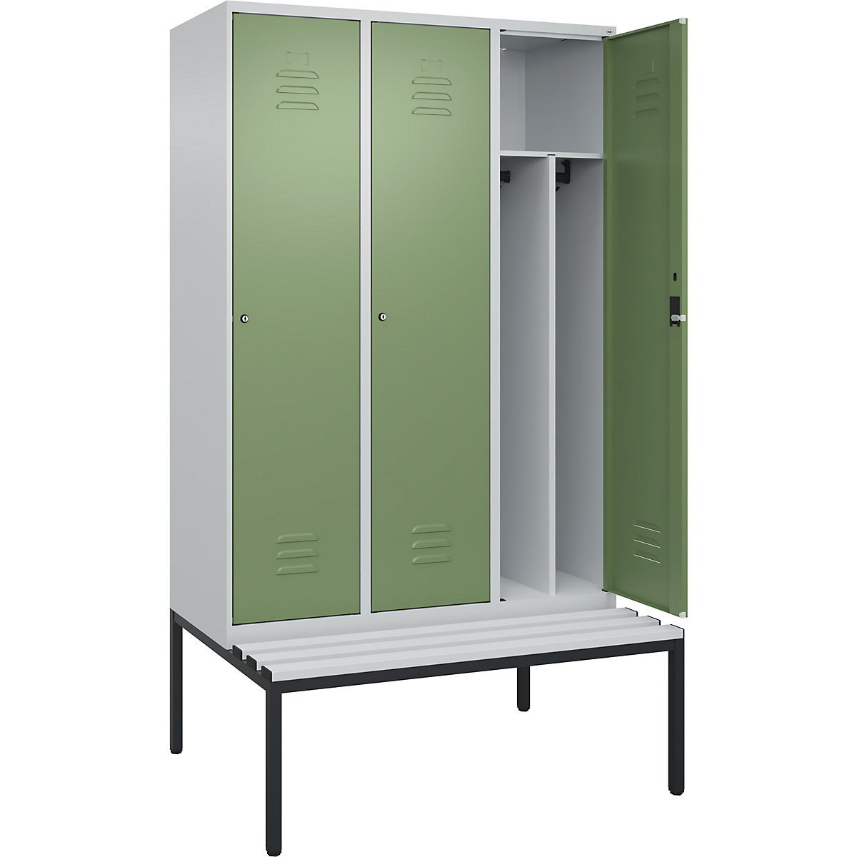 Cacifo com separação de roupa suja/limpa Classic PLUS com banco, estreito – C+P, 3 compartimentos, divisória encurtada, cinzento claro/verde reseda, L 1200 mm, fechadura de cilindro, incorporado, plástico-0