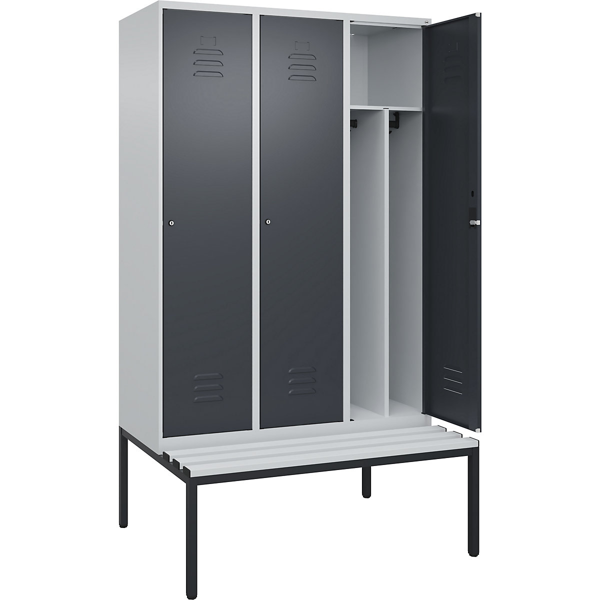 Cacifo com separação de roupa suja/limpa Classic PLUS com banco, estreito – C+P, 3 compartimentos, divisória encurtada, cinzento claro/cinzento, L 1200 mm, fechadura de cilindro, incorporado, plástico-0