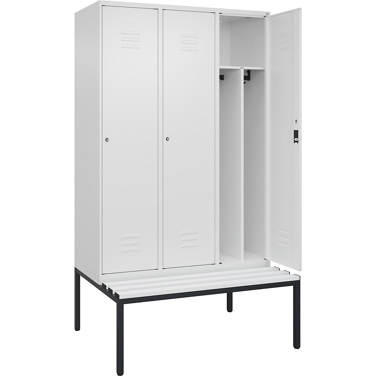 Cacifo com separação de roupa suja/limpa Classic PLUS com banco, estreito – C+P, 3 compartimentos, divisória encurtada, branco trânsito, L 1200 mm, fechadura de cilindro, incorporado, plástico-0