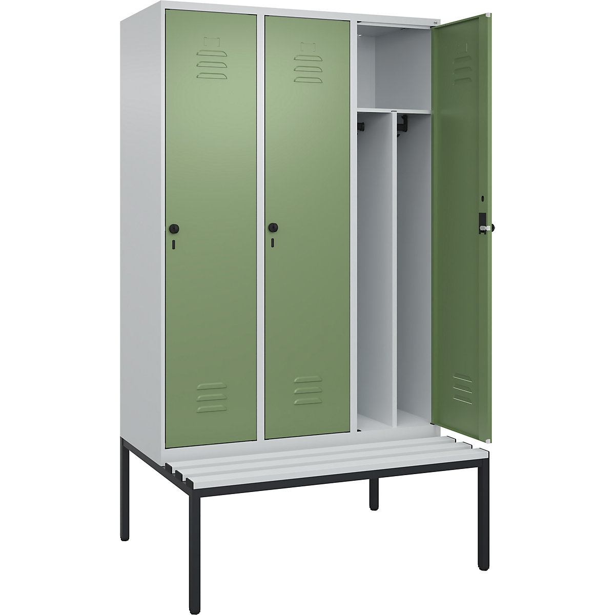 Cacifo com separação de roupa suja/limpa Classic PLUS com banco, estreito – C+P, 3 compartimentos, divisória encurtada, cinzento claro/verde reseda, L 1200 mm, trinco de segurança rotativo, incorporado, plástico-0