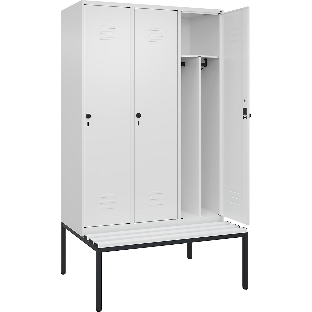 Cacifo com separação de roupa suja/limpa Classic PLUS com banco, estreito – C+P, 3 compartimentos, divisória encurtada, branco trânsito, L 1200 mm, trinco de segurança rotativo, incorporado, plástico-0