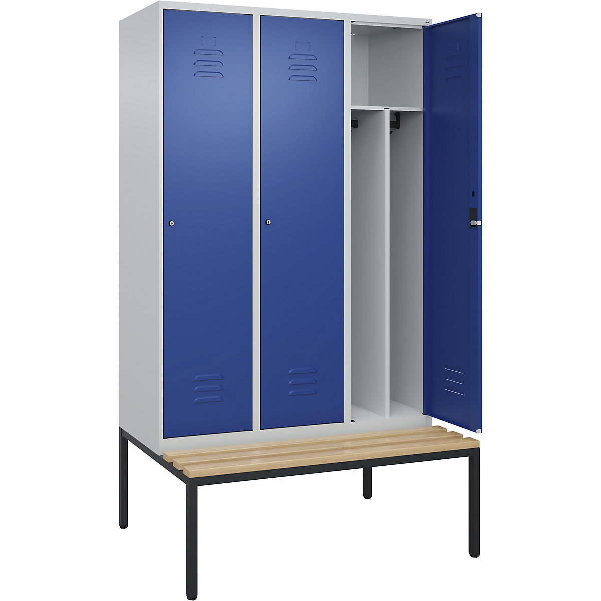 Cacifo com separação de roupa suja/limpa Classic PLUS com banco, estreito – C+P, 3 compartimentos, divisória encurtada, cinzento claro/azul genciana, L 1200 mm, fechadura de cilindro, incorporado, madeira dura de faia-0