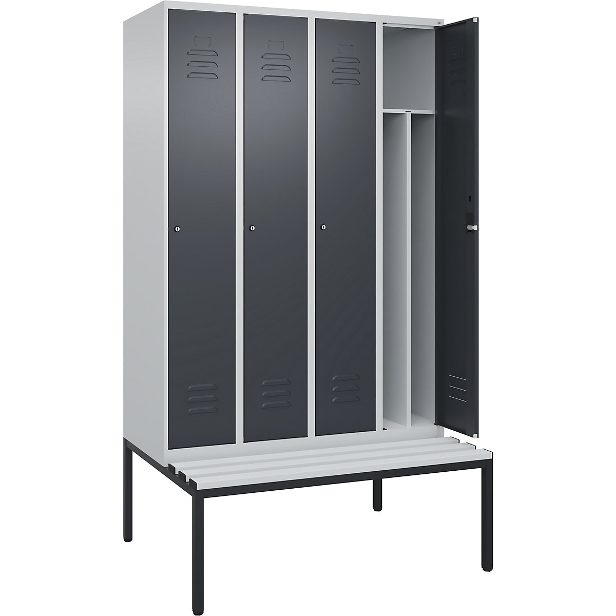 Cacifo com separação de roupa suja/limpa Classic PLUS com banco, estreito – C+P, 4 compartimentos, divisória encurtada, cinzento claro/cinzento, L 1200 mm, fechadura de cilindro, incorporado, plástico-0