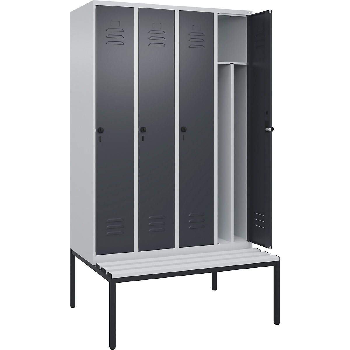 Cacifo com separação de roupa suja/limpa Classic PLUS com banco, estreito – C+P, 4 compartimentos, divisória encurtada, cinzento claro/cinzento, L 1200 mm, trinco de segurança rotativo, incorporado, plástico-0