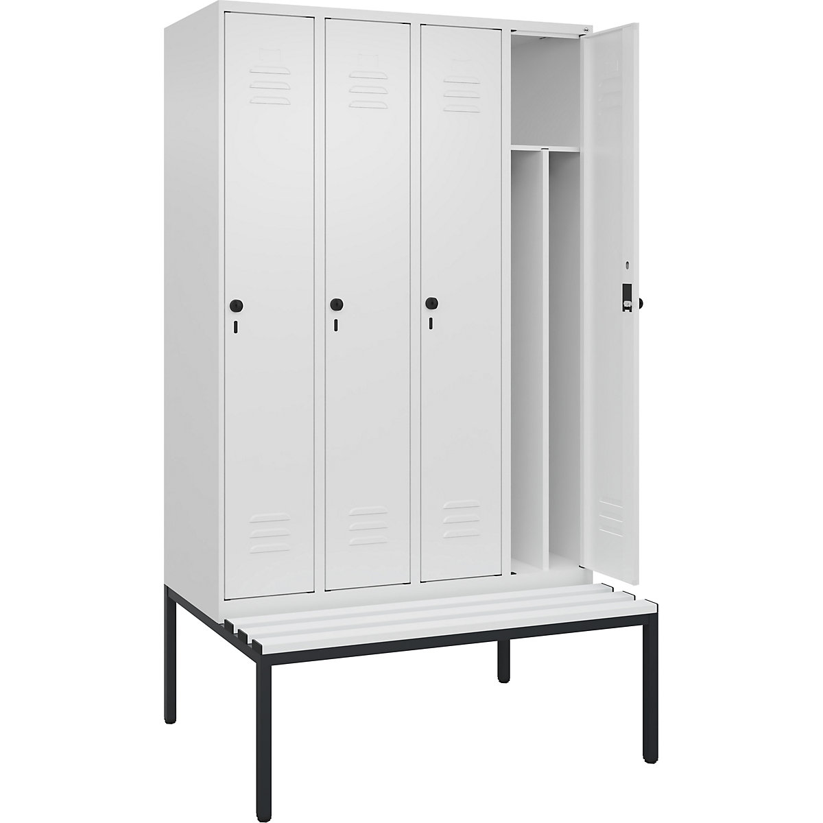 Cacifo com separação de roupa suja/limpa Classic PLUS com banco, estreito – C+P, 4 compartimentos, divisória encurtada, branco trânsito, L 1200 mm, trinco de segurança rotativo, incorporado, plástico-0