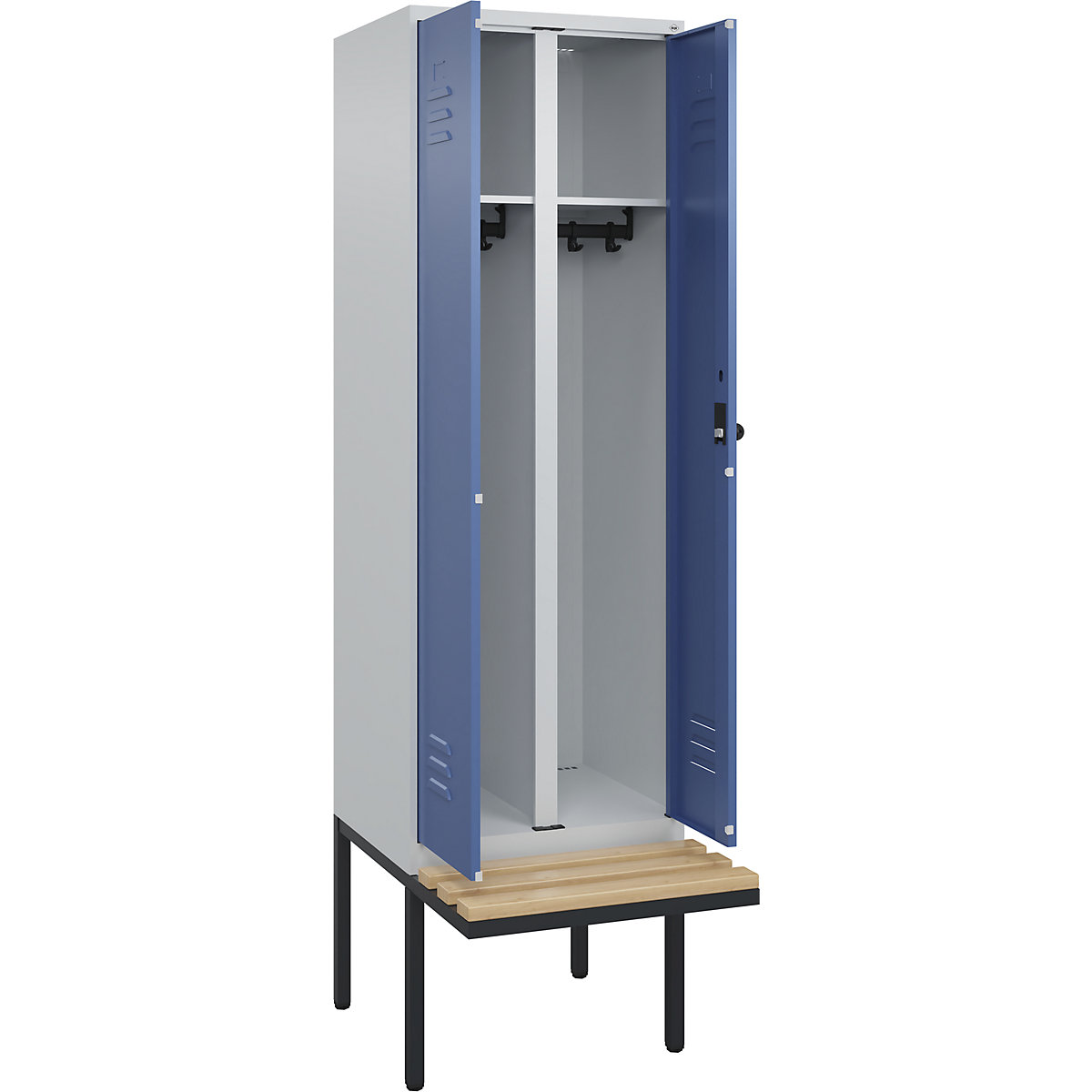 Cacifo com separação de roupa suja/limpa Classic PLUS com banco – C+P, 1 compartimento, cinzento claro/azul distante, L 600 mm, trinco de segurança rotativo, saliente, madeira dura de faia-0
