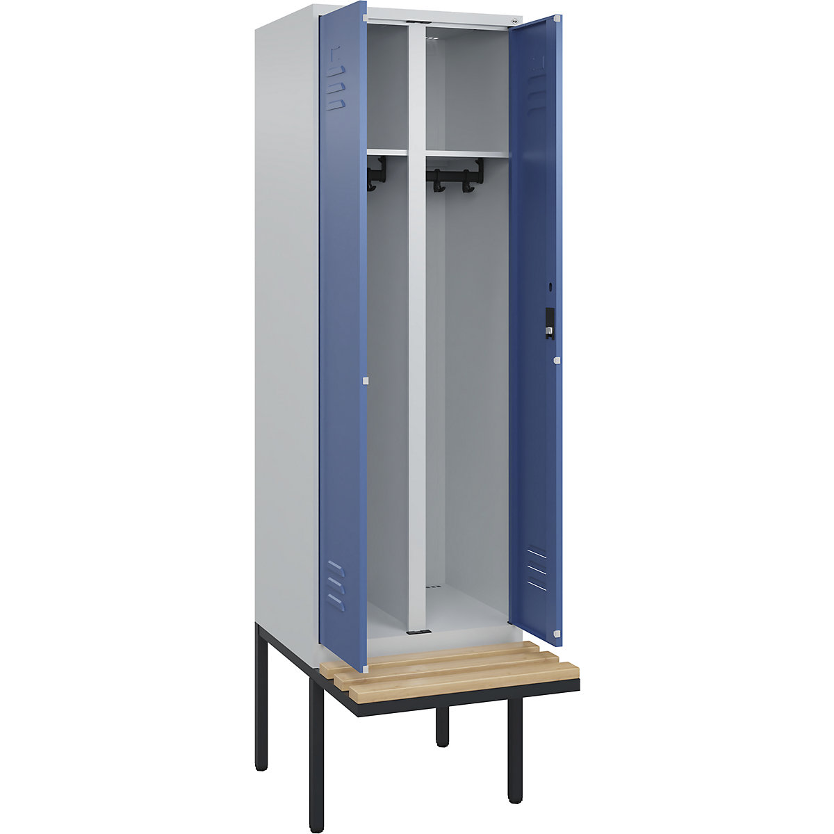 Cacifo com separação de roupa suja/limpa Classic PLUS com banco – C+P, 1 compartimento, cinzento claro/azul distante, L 600 mm, fechadura de cilindro, saliente, madeira dura de faia-0