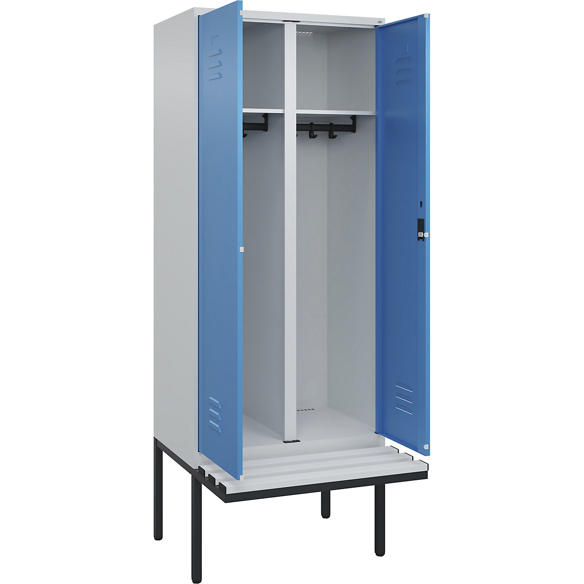 Cacifo com separação de roupa suja/limpa Classic PLUS com banco – C+P, 1 compartimento, cinzento claro/azul claro, L 800 mm, fechadura de cilindro, saliente, plástico-0