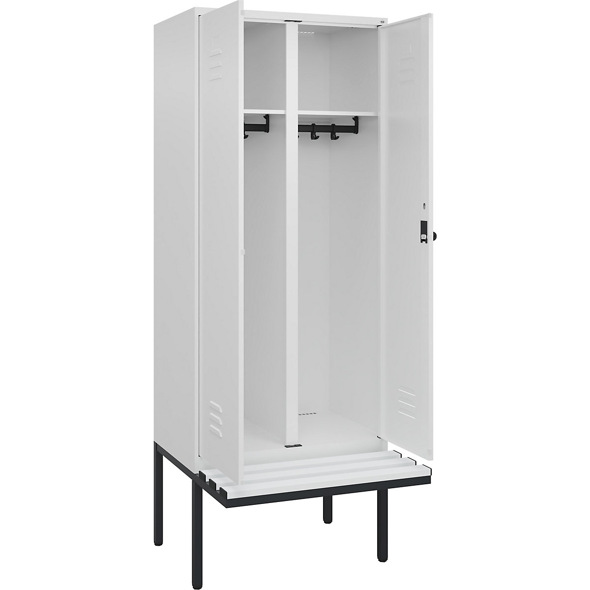 Cacifo com separação de roupa suja/limpa Classic PLUS com banco – C+P, 1 compartimento, branco trânsito, L 800 mm, trinco de segurança rotativo, saliente, plástico-0