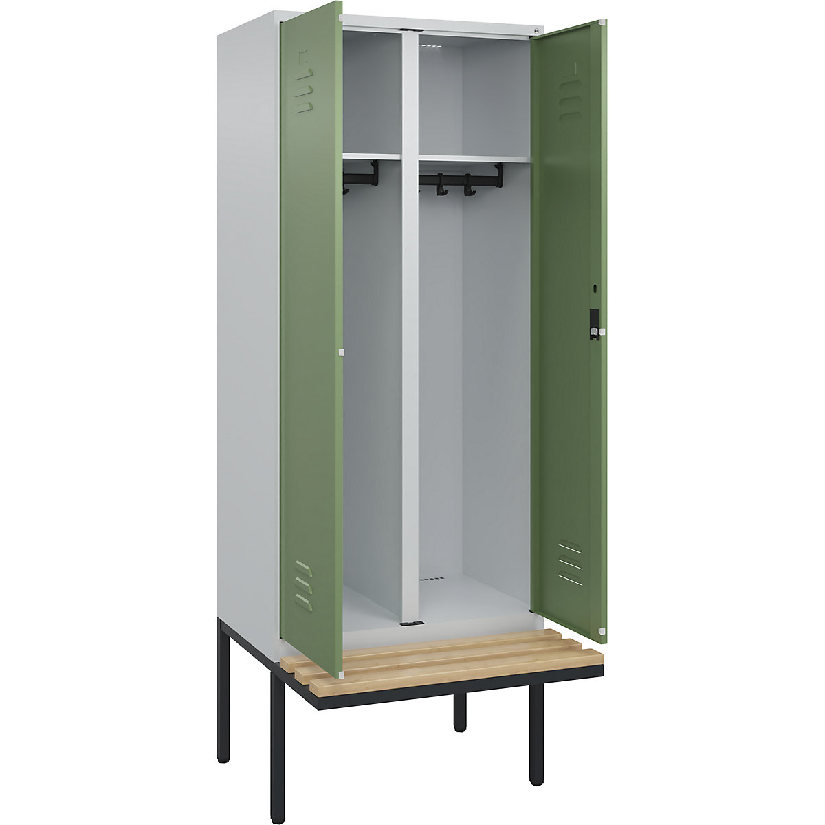 Cacifo com separação de roupa suja/limpa Classic PLUS com banco – C+P, 1 compartimento, cinzento claro/verde reseda, L 800 mm, fechadura de cilindro, saliente, madeira dura de faia-0