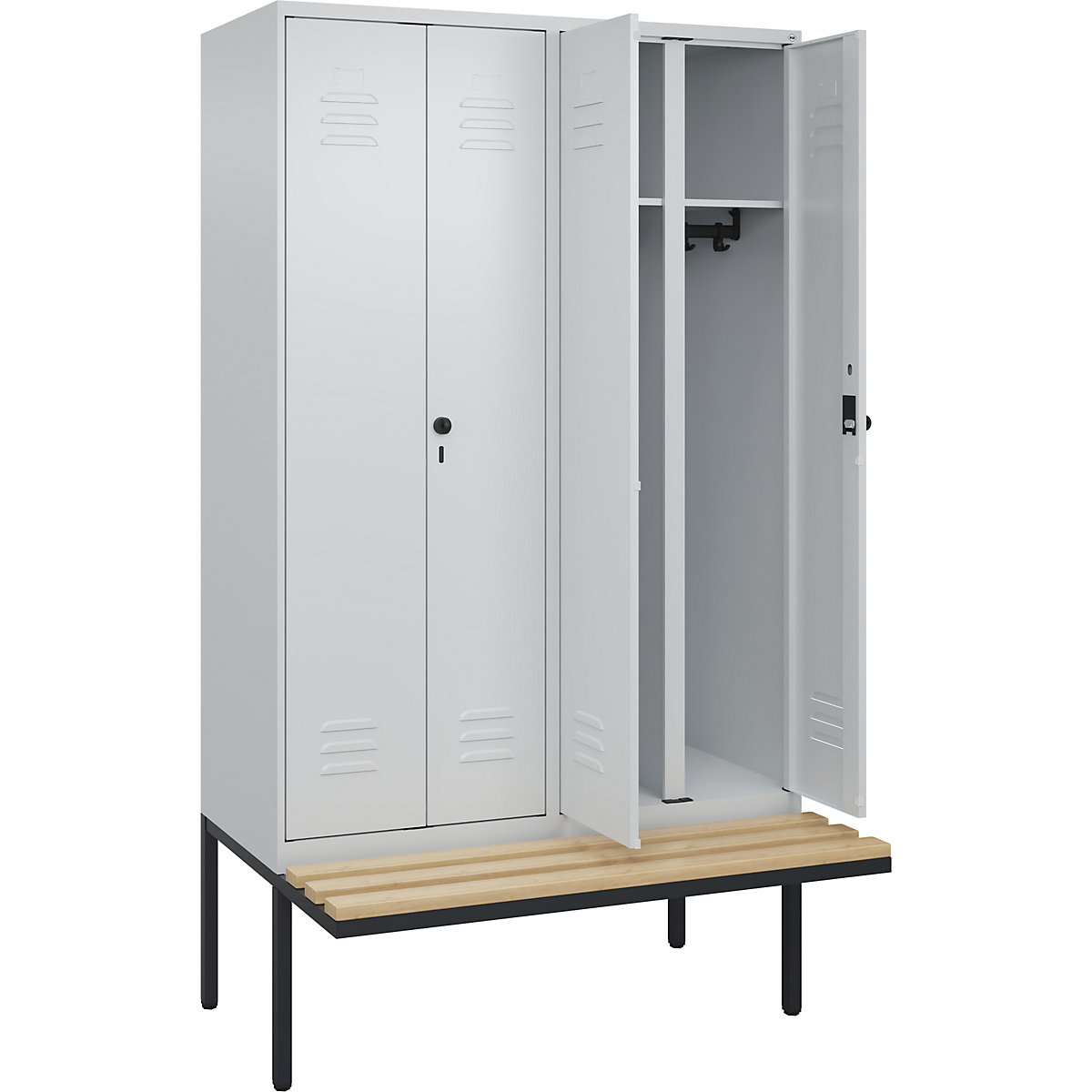 Cacifo com separação de roupa suja/limpa Classic PLUS com banco – C+P, 2 compartimentos, cinzento claro, L 1200 mm, trinco de segurança rotativo, saliente, madeira dura de faia-0