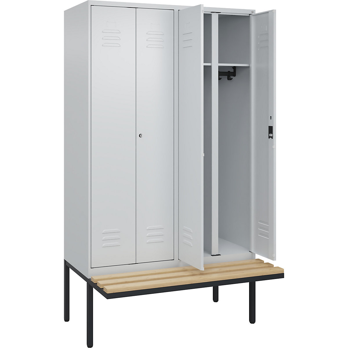 Cacifo com separação de roupa suja/limpa Classic PLUS com banco – C+P, 2 compartimentos, cinzento claro, L 1200 mm, fechadura de cilindro, saliente, madeira dura de faia-0