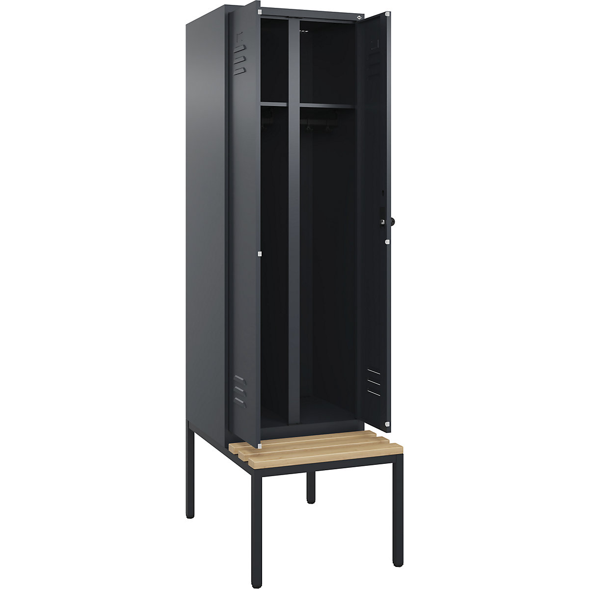 Cacifo com separação de roupa suja/limpa Classic PLUS com banco – C+P, 1 compartimento, cinzento, L 600 mm, trinco de segurança rotativo, incorporado, madeira dura de faia-0