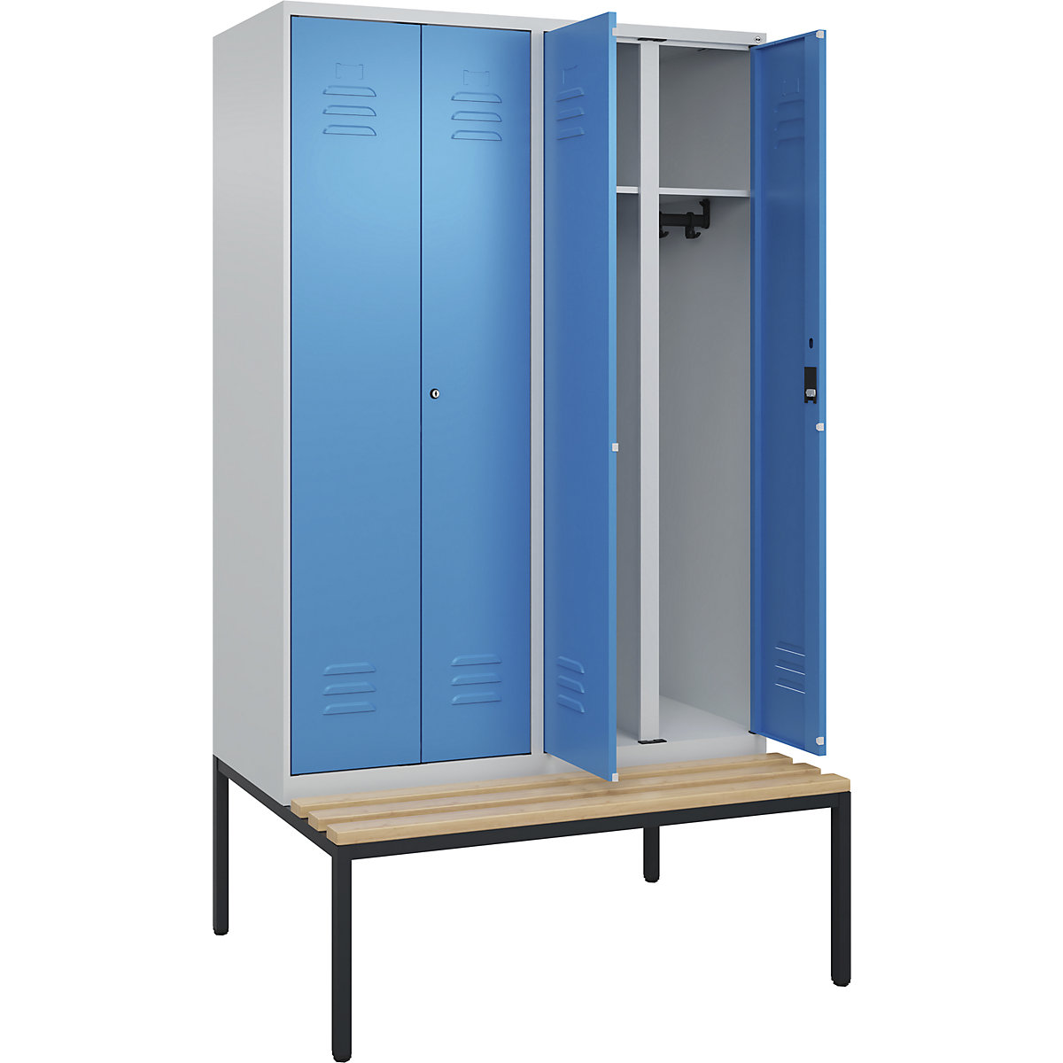 Cacifo com separação de roupa suja/limpa Classic PLUS com banco – C+P, 2 compartimentos, cinzento claro/azul claro, L 1200 mm, fechadura de cilindro, incorporado, madeira dura de faia-0