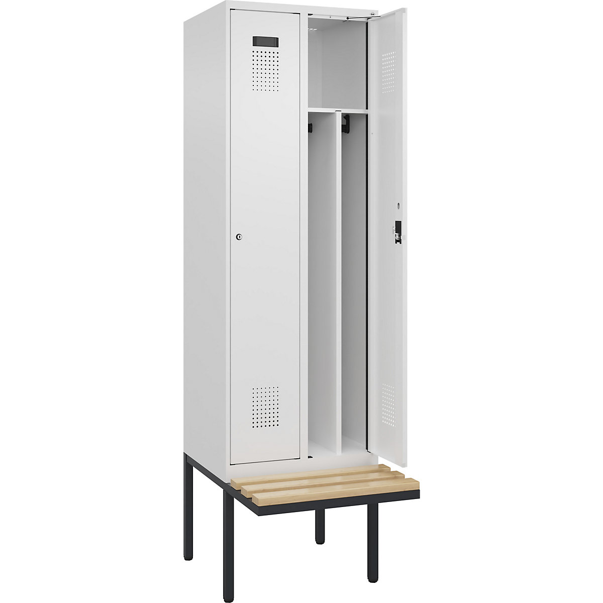 Cacifo com separação de roupa suja/limpa Evolo PLUS com banco, estreito, 2 compartimentos, divisória encurtada, branco, L 600 mm, fechadura de cilindro, com banco saliente, faia-0