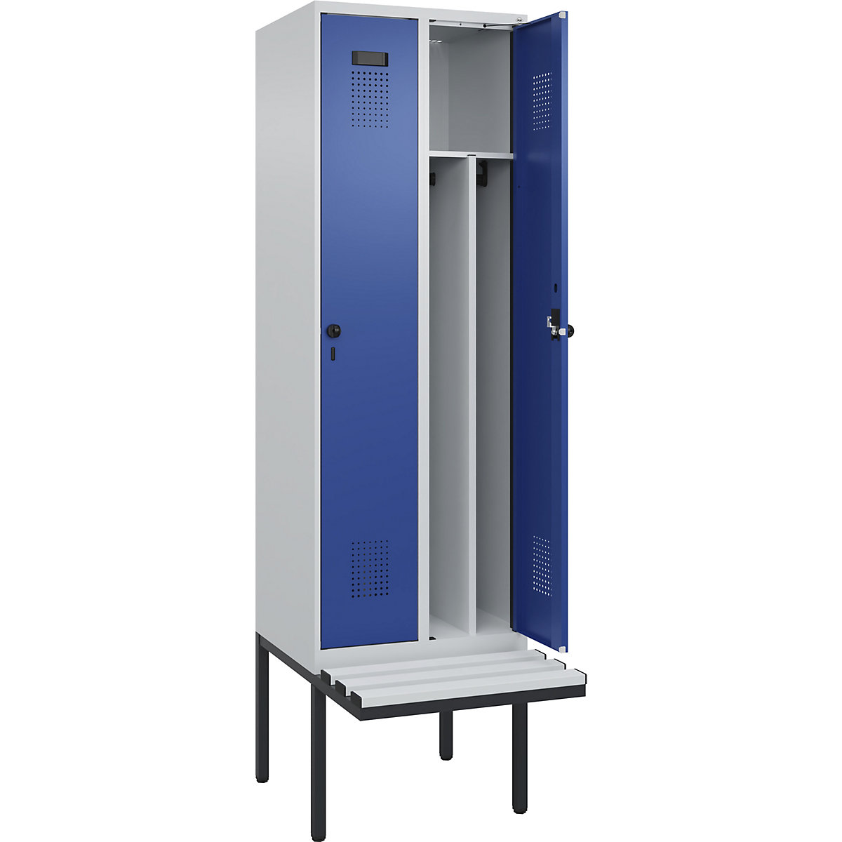 Cacifo com separação de roupa suja/limpa Evolo PLUS com banco, estreito, 2 compartimentos, divisória encurtada, cinzento claro/azul genciana, L 600 mm, trinco de segurança rotativo, com banco saliente, plástico-0