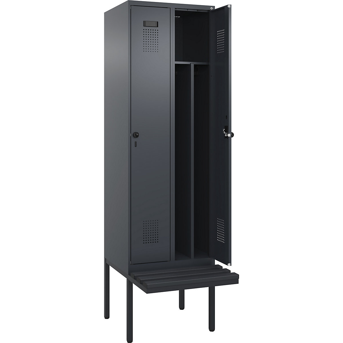 Cacifo com separação de roupa suja/limpa Evolo PLUS com banco, estreito, 2 compartimentos, divisória encurtada, cinzento, L 600 mm, trinco de segurança rotativo, com banco saliente, plástico-0