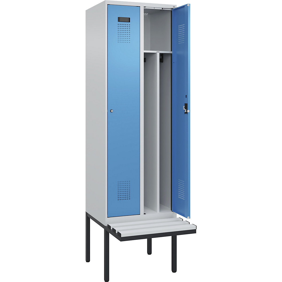 Cacifo com separação de roupa suja/limpa Evolo PLUS com banco, estreito, 2 compartimentos, divisória encurtada, cinzento claro/azul claro, L 600 mm, fechadura de cilindro, com banco saliente, plástico-0
