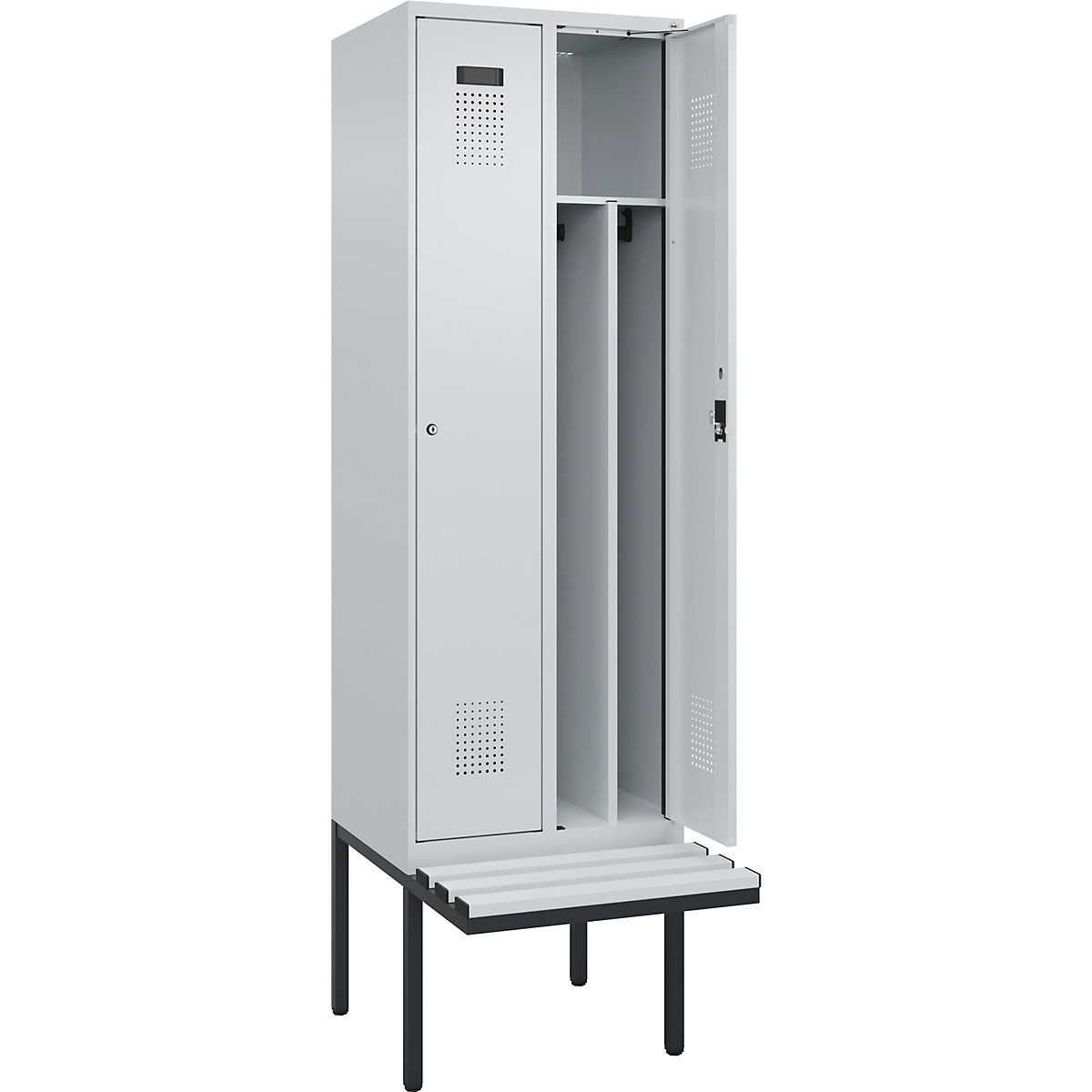 Cacifo com separação de roupa suja/limpa Evolo PLUS com banco, estreito, 2 compartimentos, divisória encurtada, cinzento claro/cinzento claro, L 600 mm, fechadura de cilindro, com banco saliente, plástico-0