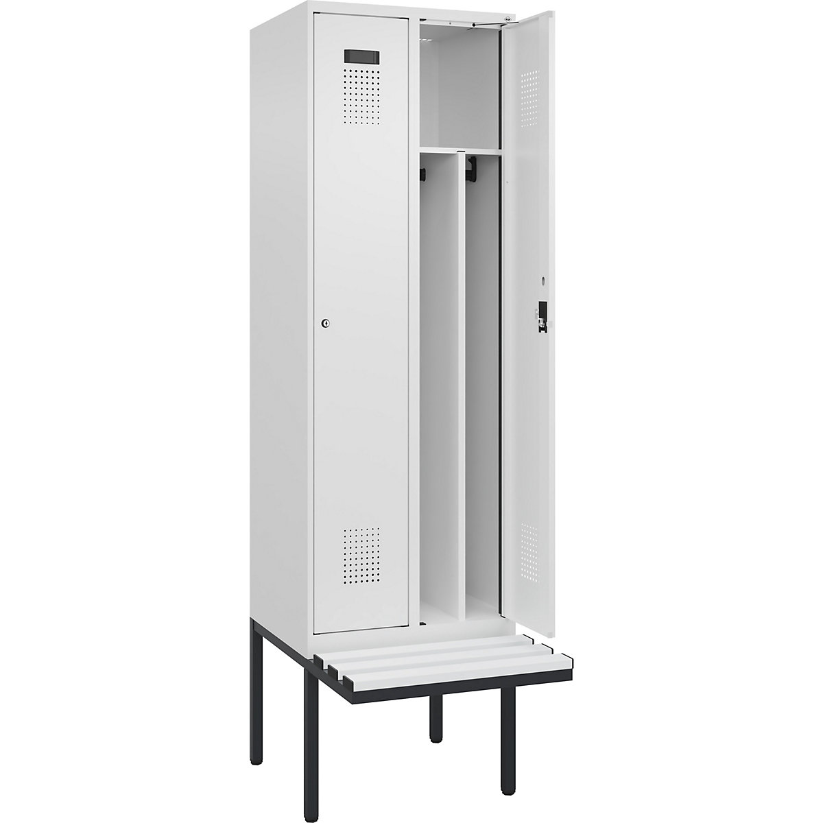 Cacifo com separação de roupa suja/limpa Evolo PLUS com banco, estreito, 2 compartimentos, divisória encurtada, branco, L 600 mm, fechadura de cilindro, com banco saliente, plástico-0