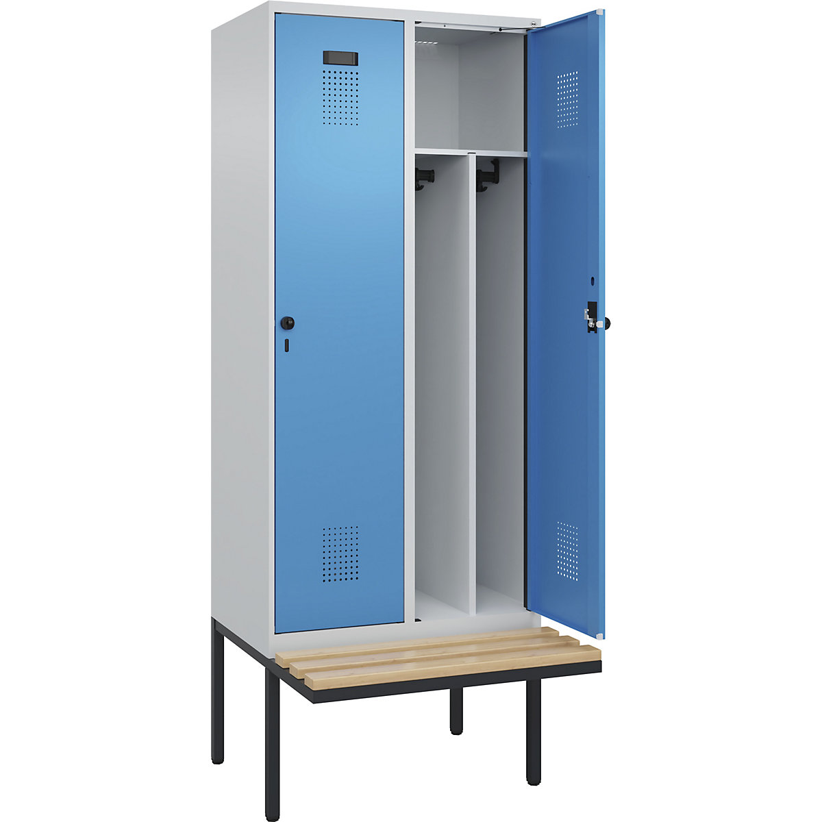 Cacifo com separação de roupa suja/limpa Evolo PLUS com banco, estreito, 2 compartimentos, divisória encurtada, cinzento claro/azul claro, L 800 mm, trinco de segurança rotativo, com banco saliente, faia-0