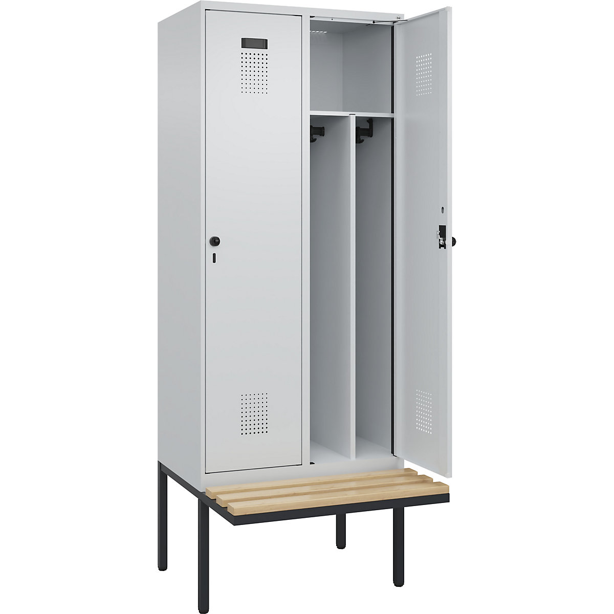 Cacifo com separação de roupa suja/limpa Evolo PLUS com banco, estreito, 2 compartimentos, divisória encurtada, cinzento claro/cinzento claro, L 800 mm, trinco de segurança rotativo, com banco saliente, faia-0