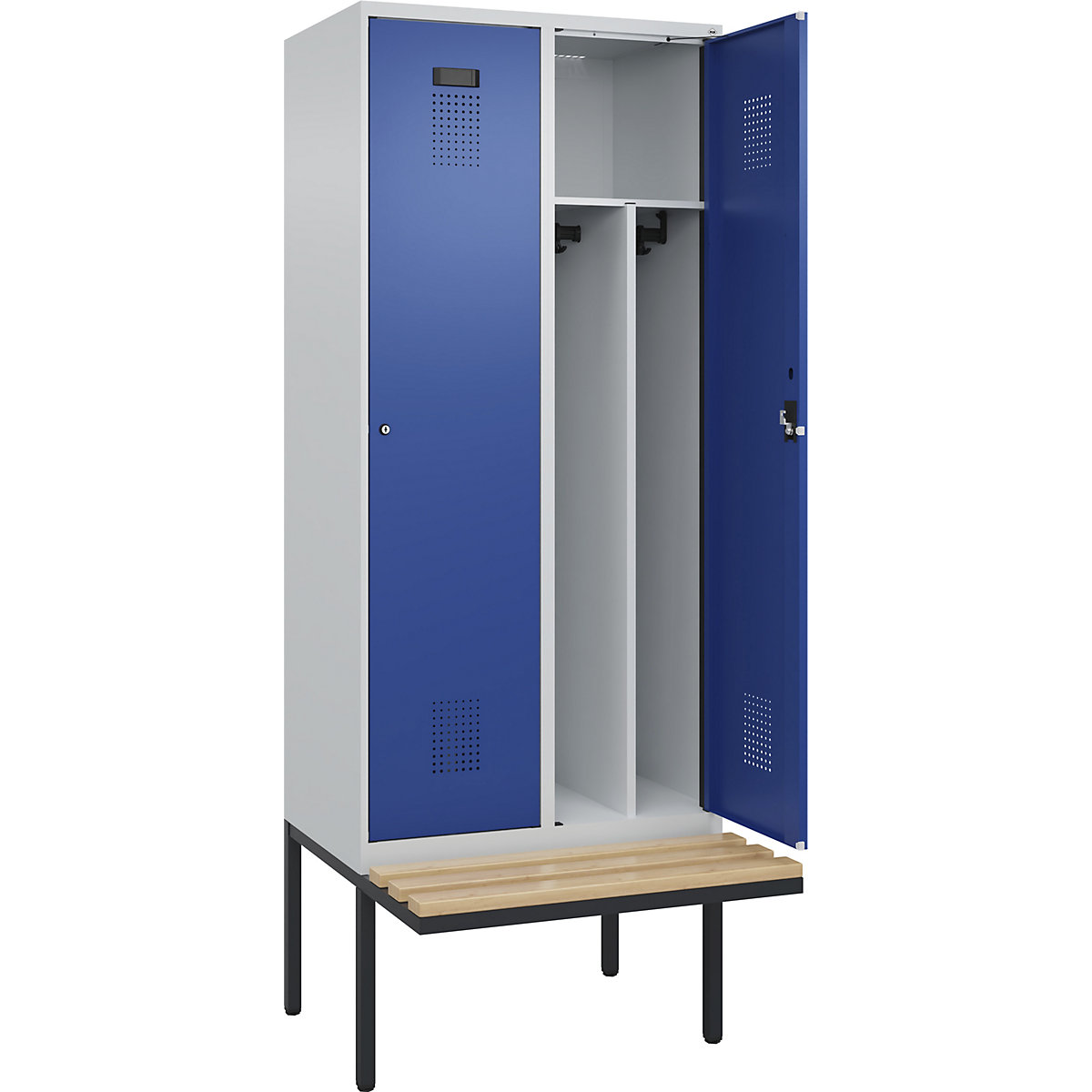 Cacifo com separação de roupa suja/limpa Evolo PLUS com banco, estreito, 2 compartimentos, divisória encurtada, cinzento claro/azul genciana, L 800 mm, fechadura de cilindro, com banco saliente, faia-0