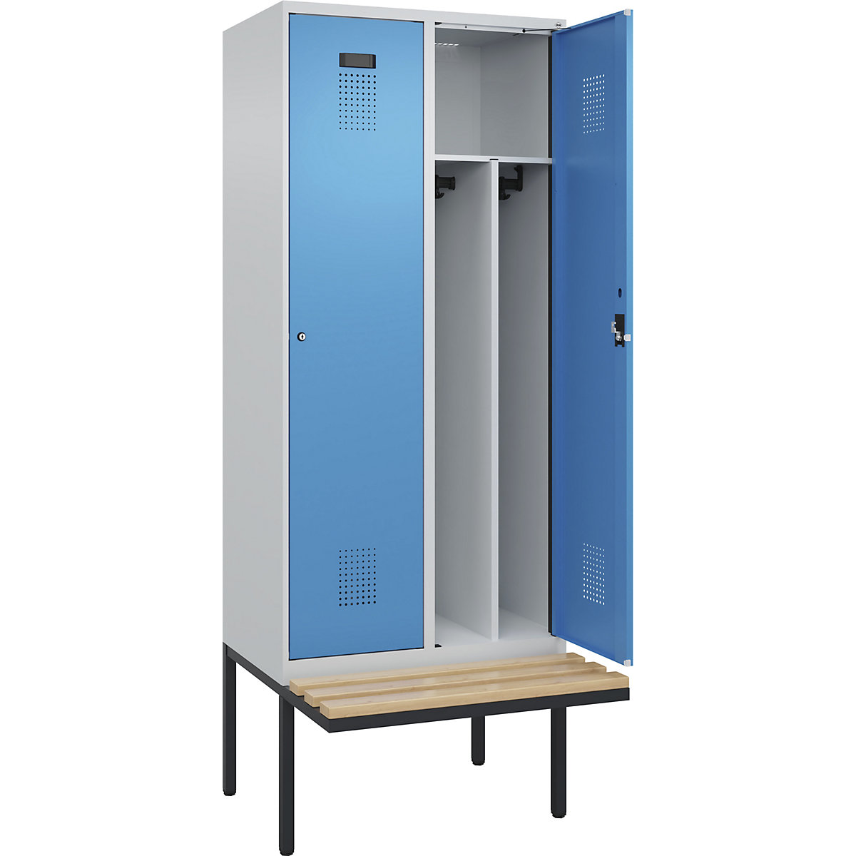 Cacifo com separação de roupa suja/limpa Evolo PLUS com banco, estreito, 2 compartimentos, divisória encurtada, cinzento claro/azul claro, L 800 mm, fechadura de cilindro, com banco saliente, faia-0