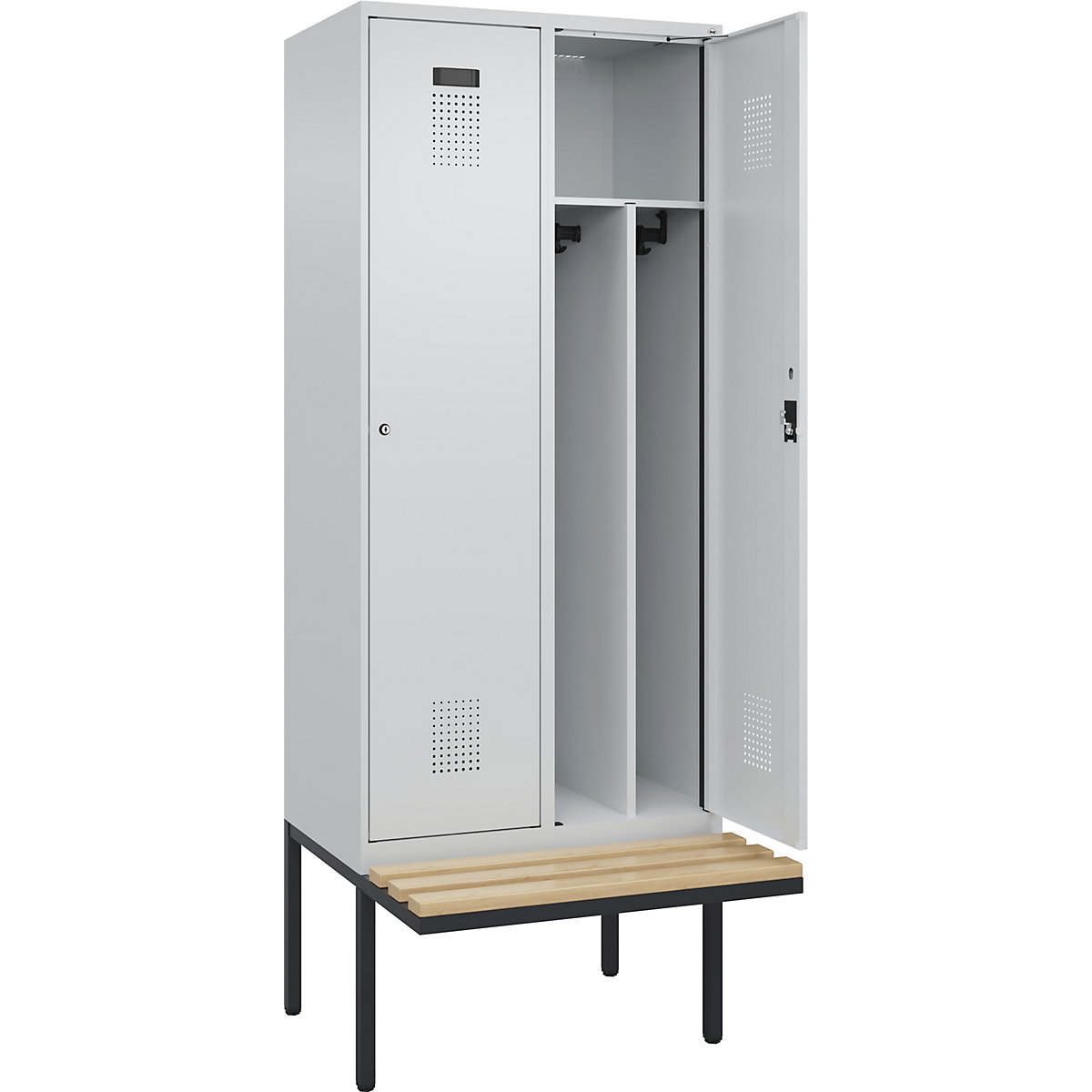 Cacifo com separação de roupa suja/limpa Evolo PLUS com banco, estreito, 2 compartimentos, divisória encurtada, cinzento claro/cinzento claro, L 800 mm, fechadura de cilindro, com banco saliente, faia-0