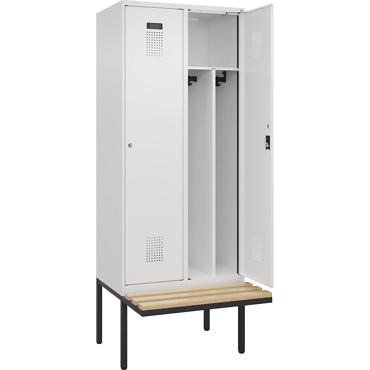 Cacifo com separação de roupa suja/limpa Evolo PLUS com banco, estreito, 2 compartimentos, divisória encurtada, branco, L 800 mm, fechadura de cilindro, com banco saliente, faia-0