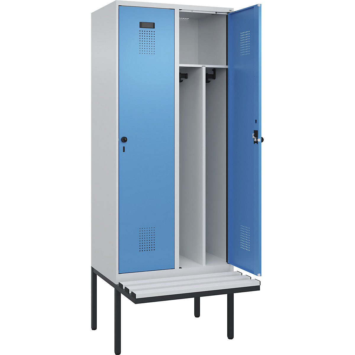 Cacifo com separação de roupa suja/limpa Evolo PLUS com banco, estreito, 2 compartimentos, divisória encurtada, cinzento claro/azul claro, L 800 mm, trinco de segurança rotativo, com banco saliente, plástico-0