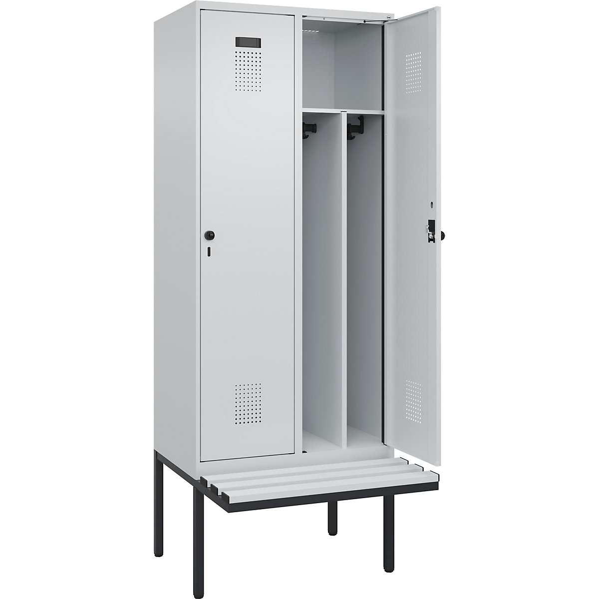 Cacifo com separação de roupa suja/limpa Evolo PLUS com banco, estreito, 2 compartimentos, divisória encurtada, cinzento claro/cinzento claro, L 800 mm, trinco de segurança rotativo, com banco saliente, plástico-0