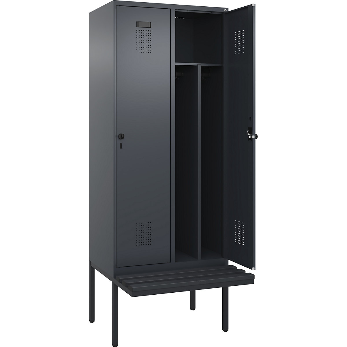 Cacifo com separação de roupa suja/limpa Evolo PLUS com banco, estreito, 2 compartimentos, divisória encurtada, cinzento, L 800 mm, trinco de segurança rotativo, com banco saliente, plástico-0