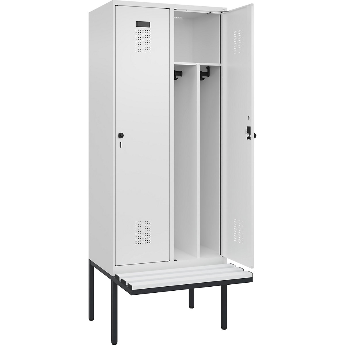 Cacifo com separação de roupa suja/limpa Evolo PLUS com banco, estreito, 2 compartimentos, divisória encurtada, branco, L 800 mm, trinco de segurança rotativo, com banco saliente, plástico-0