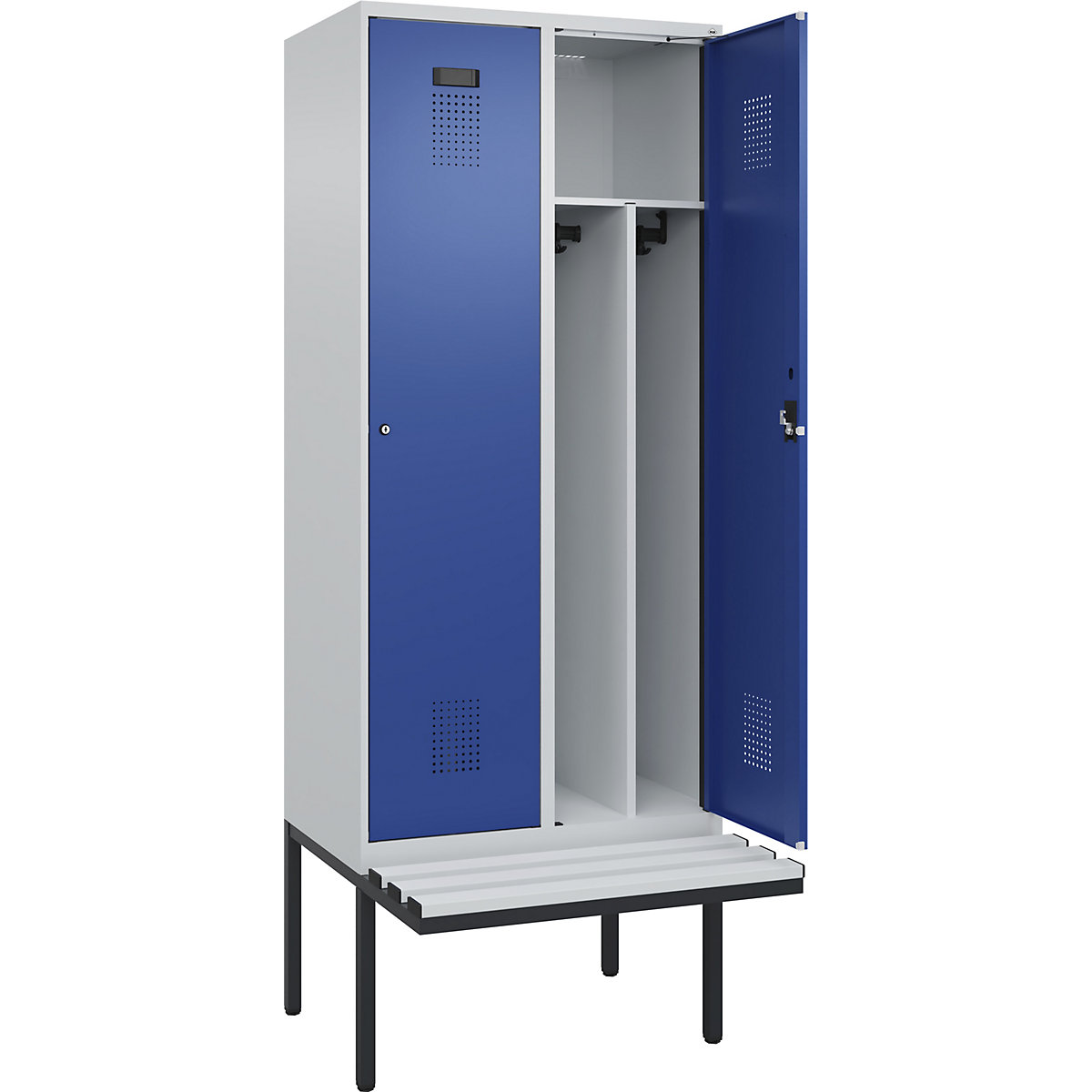 Cacifo com separação de roupa suja/limpa Evolo PLUS com banco, estreito, 2 compartimentos, divisória encurtada, cinzento claro/azul genciana, L 800 mm, fechadura de cilindro, com banco saliente, plástico-0