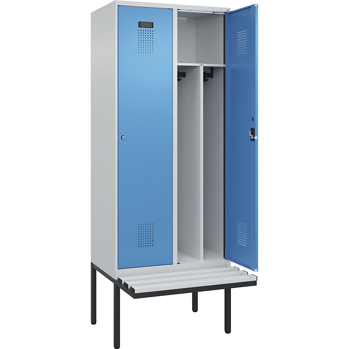 Cacifo com separação de roupa suja/limpa Evolo PLUS com banco, estreito, 2 compartimentos, divisória encurtada, cinzento claro/azul claro, L 800 mm, fechadura de cilindro, com banco saliente, plástico-0