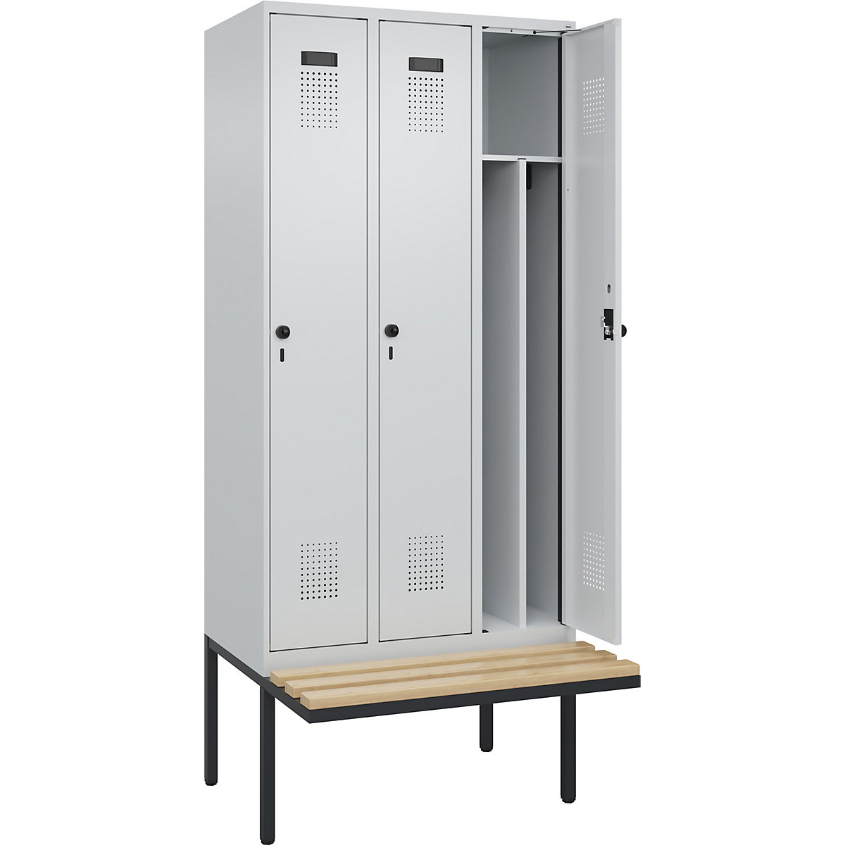 Cacifo com separação de roupa suja/limpa Evolo PLUS com banco, estreito, 3 compartimentos, divisória encurtada, cinzento claro/cinzento claro, L 900 mm, trinco de segurança rotativo, com banco saliente, faia-0