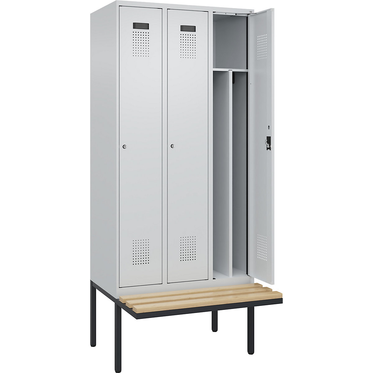 Cacifo com separação de roupa suja/limpa Evolo PLUS com banco, estreito, 3 compartimentos, divisória encurtada, cinzento claro/cinzento claro, L 900 mm, fechadura de cilindro, com banco saliente, faia-0