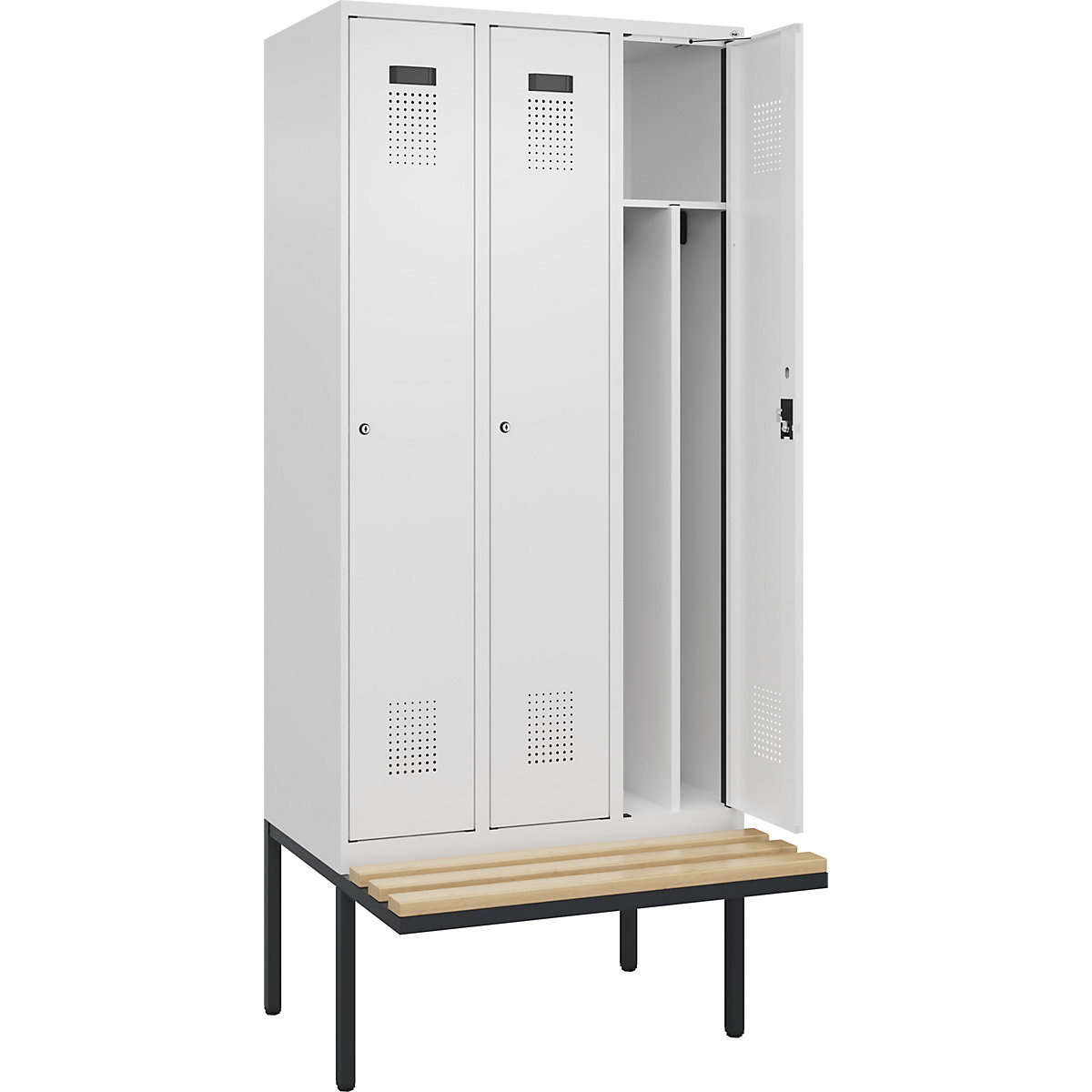 Cacifo com separação de roupa suja/limpa Evolo PLUS com banco, estreito, 3 compartimentos, divisória encurtada, branco, L 900 mm, fechadura de cilindro, com banco saliente, faia-0