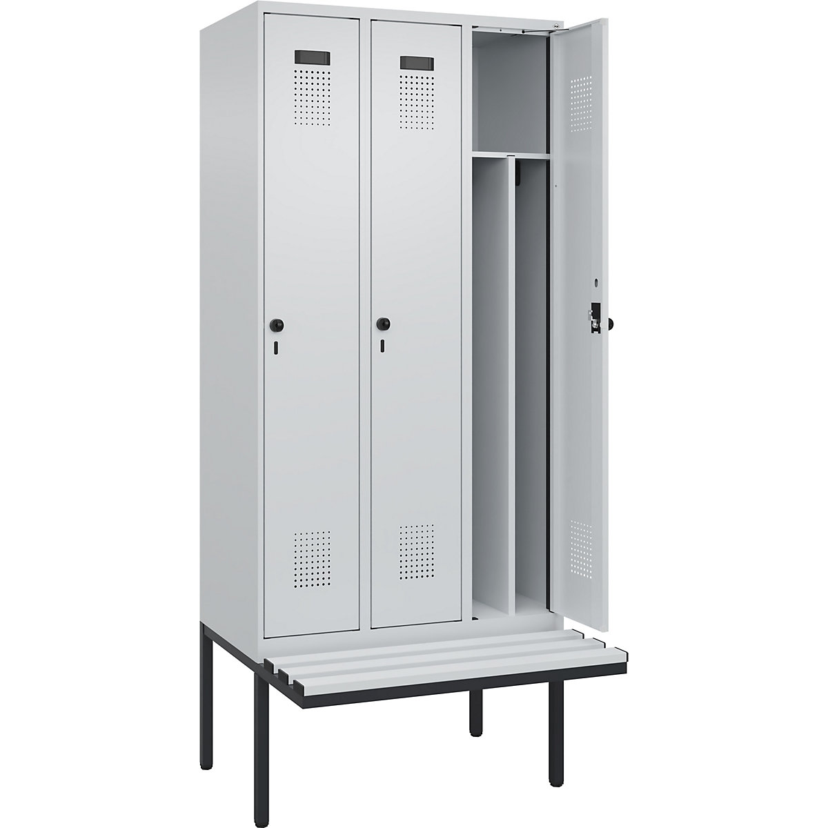 Cacifo com separação de roupa suja/limpa Evolo PLUS com banco, estreito, 3 compartimentos, divisória encurtada, cinzento claro/cinzento claro, L 900 mm, trinco de segurança rotativo, com banco saliente, plástico-0