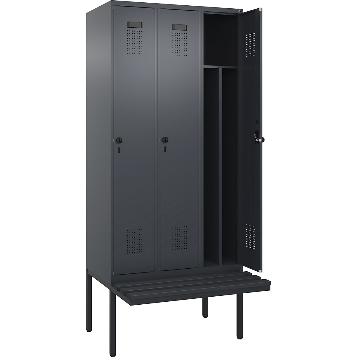 Cacifo com separação de roupa suja/limpa Evolo PLUS com banco, estreito, 3 compartimentos, divisória encurtada, cinzento, L 900 mm, trinco de segurança rotativo, com banco saliente, plástico-0