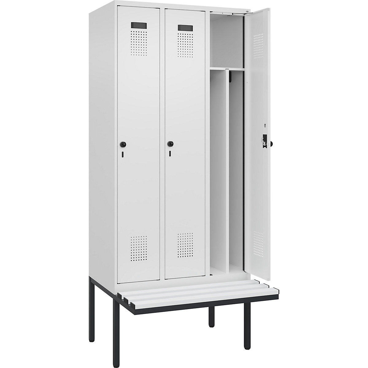 Cacifo com separação de roupa suja/limpa Evolo PLUS com banco, estreito, 3 compartimentos, divisória encurtada, branco, L 900 mm, trinco de segurança rotativo, com banco saliente, plástico-0