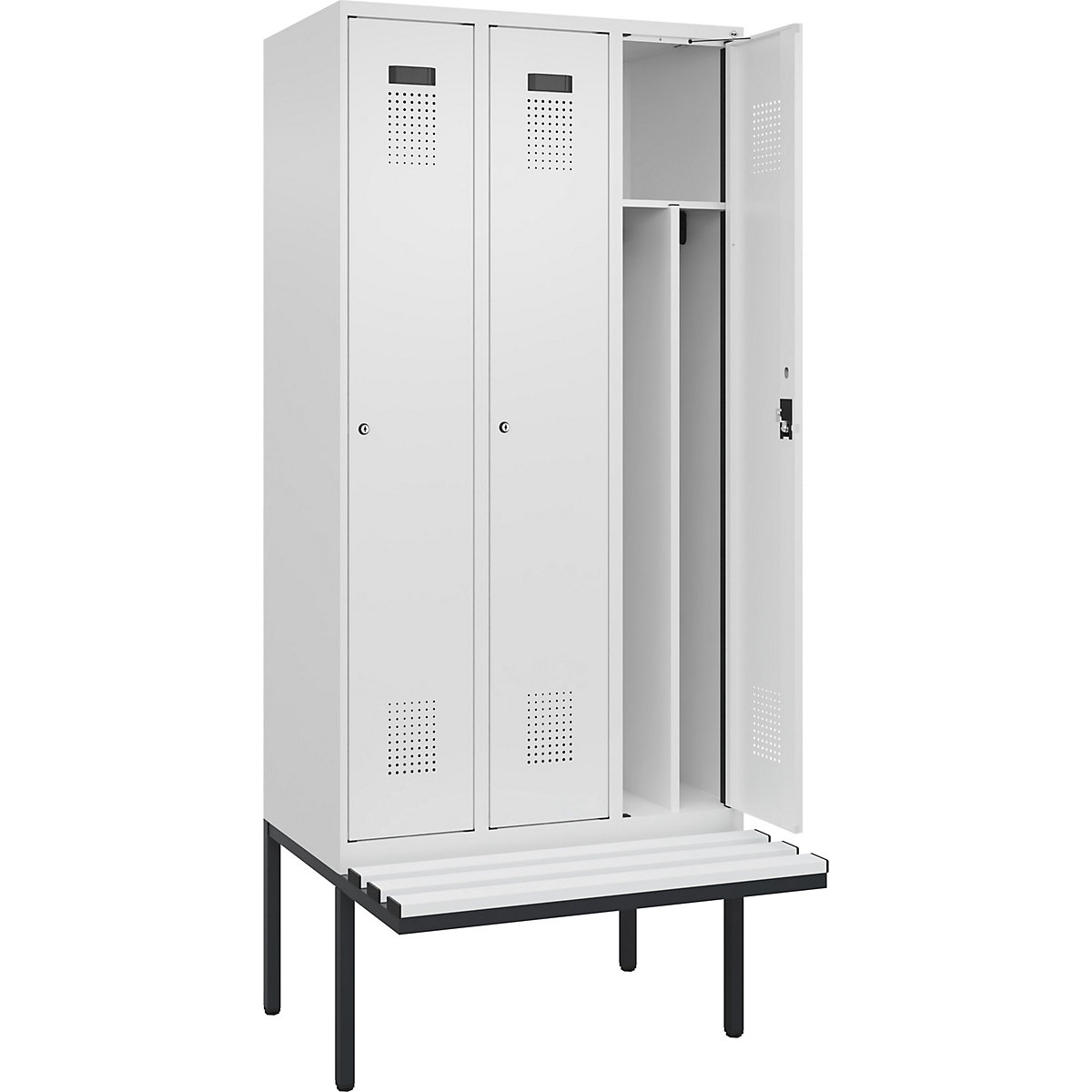 Cacifo com separação de roupa suja/limpa Evolo PLUS com banco, estreito, 3 compartimentos, divisória encurtada, branco, L 900 mm, fechadura de cilindro, com banco saliente, plástico-0