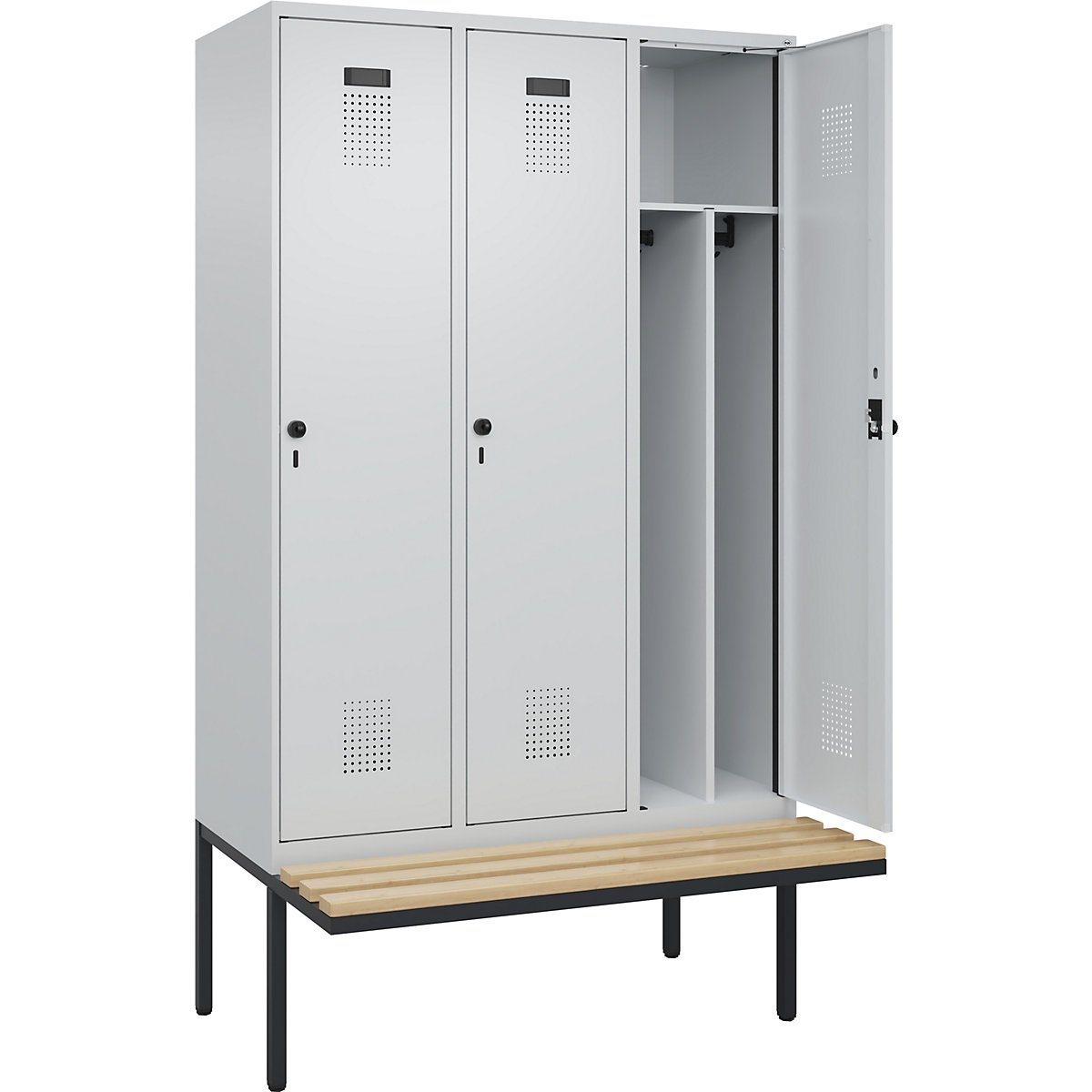 Cacifo com separação de roupa suja/limpa Evolo PLUS com banco, estreito, 3 compartimentos, divisória encurtada, cinzento claro/cinzento claro, L 1200 mm, trinco de segurança rotativo, com banco saliente, faia-0