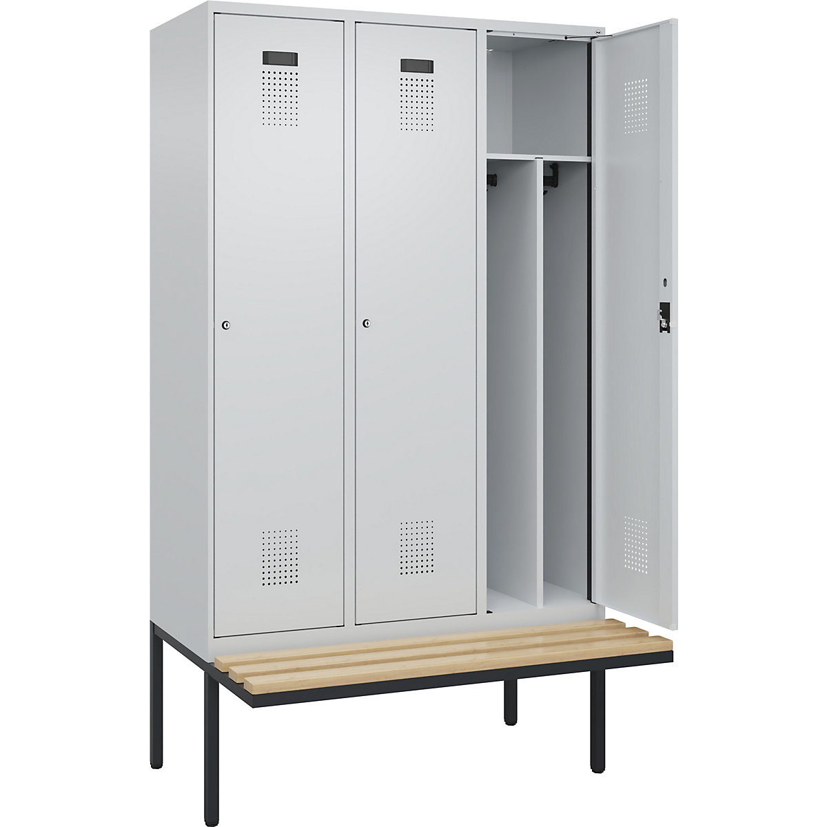 Cacifo com separação de roupa suja/limpa Evolo PLUS com banco, estreito, 3 compartimentos, divisória encurtada, cinzento claro/cinzento claro, L 1200 mm, fechadura de cilindro, com banco saliente, faia-0
