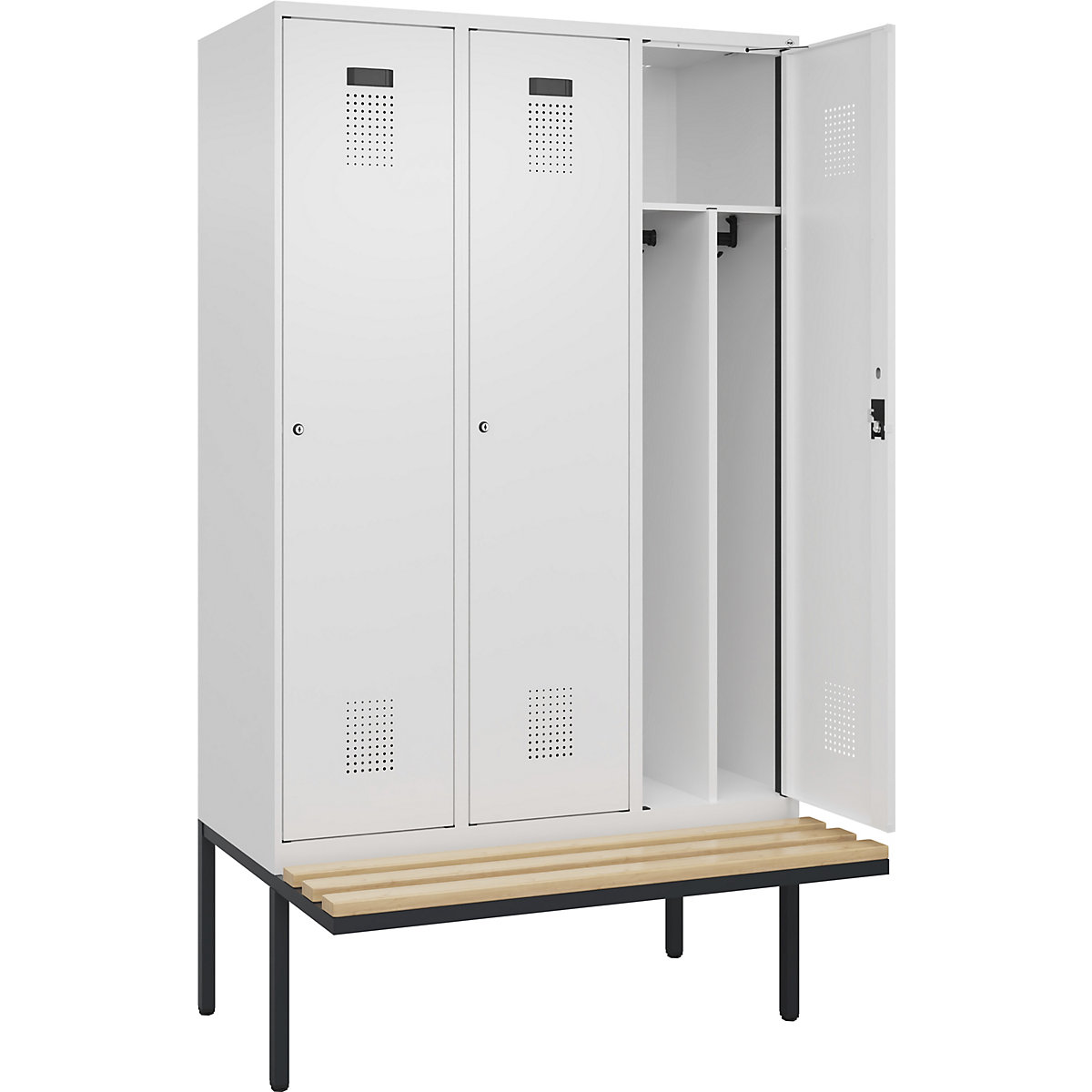 Cacifo com separação de roupa suja/limpa Evolo PLUS com banco, estreito, 3 compartimentos, divisória encurtada, branco, L 1200 mm, fechadura de cilindro, com banco saliente, faia-0