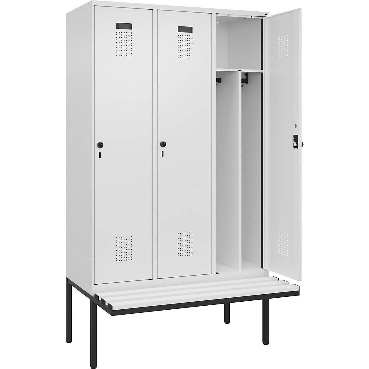 Cacifo com separação de roupa suja/limpa Evolo PLUS com banco, estreito, 3 compartimentos, divisória encurtada, branco, L 1200 mm, trinco de segurança rotativo, com banco saliente, plástico-0