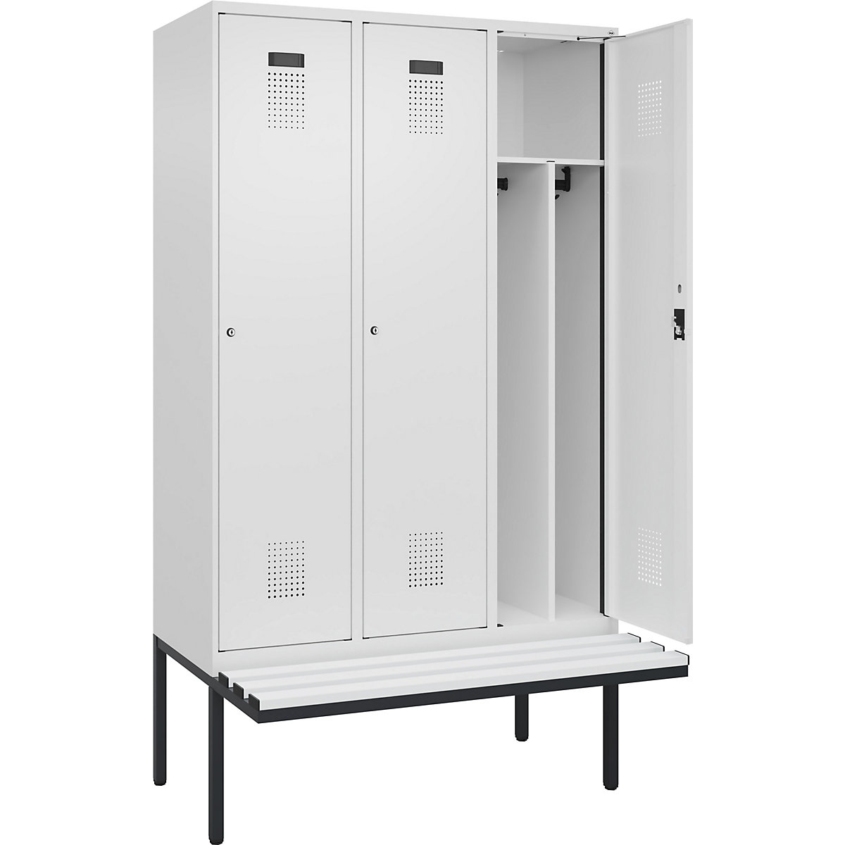Cacifo com separação de roupa suja/limpa Evolo PLUS com banco, estreito, 3 compartimentos, divisória encurtada, branco, L 1200 mm, fechadura de cilindro, com banco saliente, plástico-0