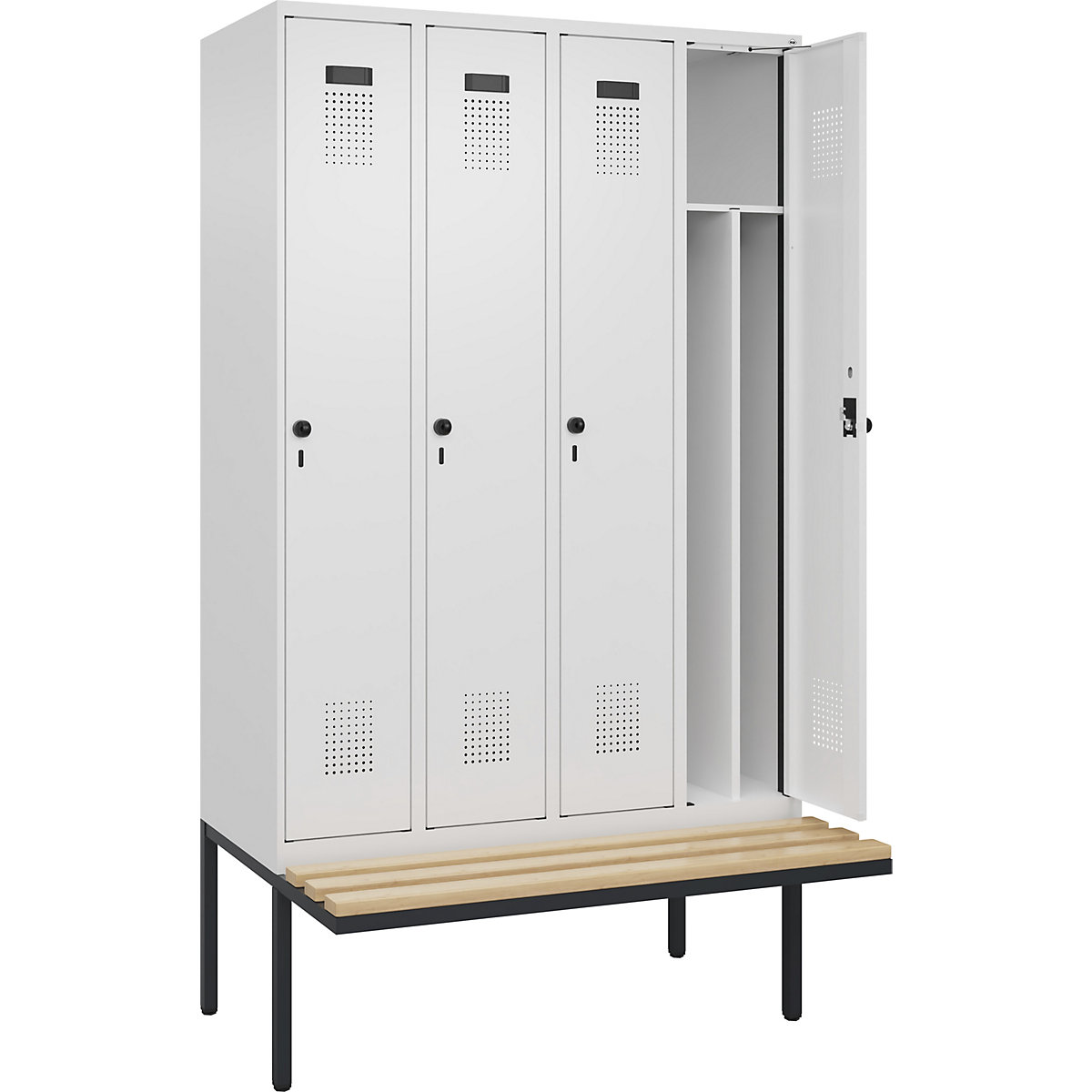 Cacifo com separação de roupa suja/limpa Evolo PLUS com banco, estreito, 4 compartimentos, divisória encurtada, branco, L 1200 mm, trinco de segurança rotativo, com banco saliente, faia-0